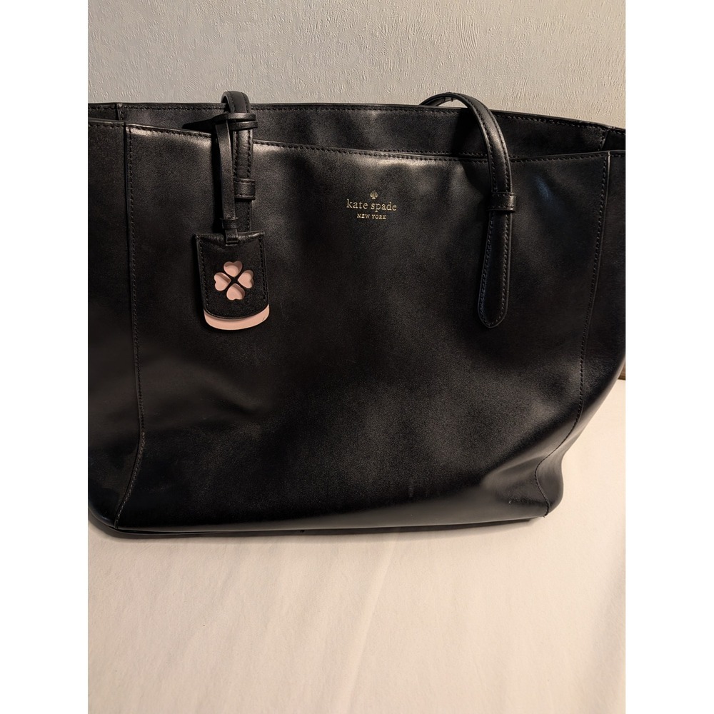 Kate Spade New York Black Leather Tote Bag Zip Top Shoulder Bag Clover Charm